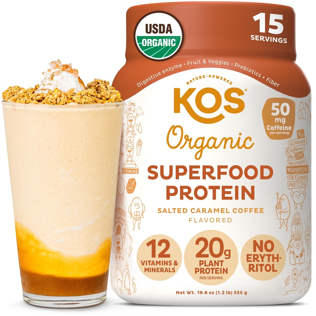 KOS Vegan Praf de proteine, Sare de cafea Caramel - Blend de proteine de arahide cu carbohidrați scăzut, plante organice Superfood bogat în vitamine și minerale - Keto, lactate gratuit - Înlocuirea mesei pentru femei și bărbați - 15 Serviri