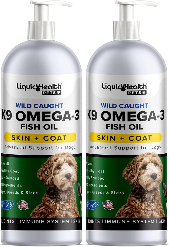 Sanatate lichida Animale de companie K9 Omega 3 ulei de pește pentru câini - lichid Omega 3 Supliment pentru animale de companie cu EPA + DPA + DHA - Reduceți mâncărimi și vărsare, articulații de sprijin, imunitate, creier, Heart Health - Statele Unite ale Americii Made (2 Pack)