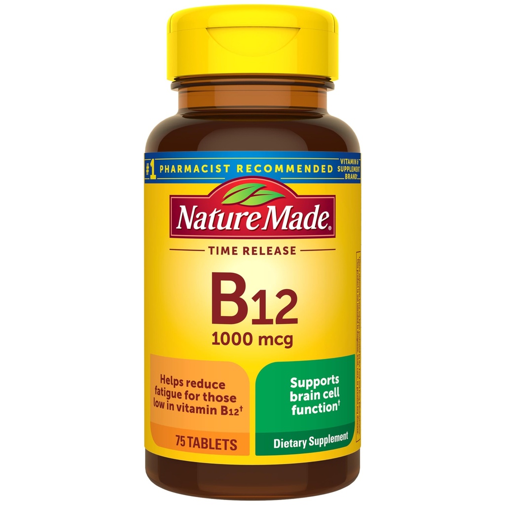 Natura Made Vitamina B12 1000 mcg, Supliment alimentar pentru suport metabolic energie, 75 timp comprimate de eliberare, 75 zile de aprovizionare