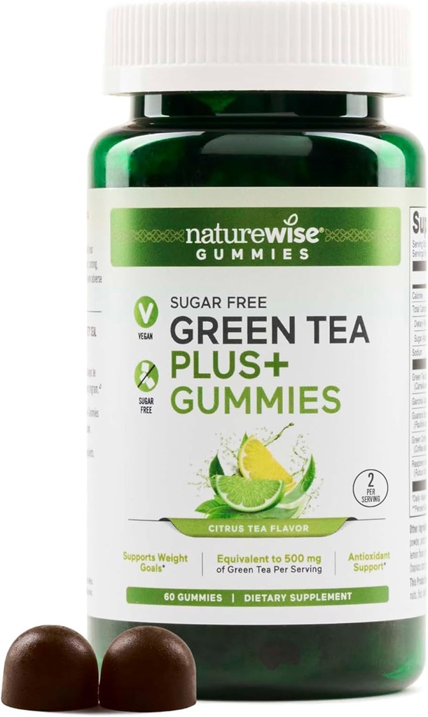 NatureWise Green Tea Gummies - Keto, Sugar Free - Sprijină Obiective de fitness pentru femei și bărbați - 500mg Ceai verde + Ceai de zmeură, Garcinia Cambogia - Vegan, No Gluten - 60 Conte?