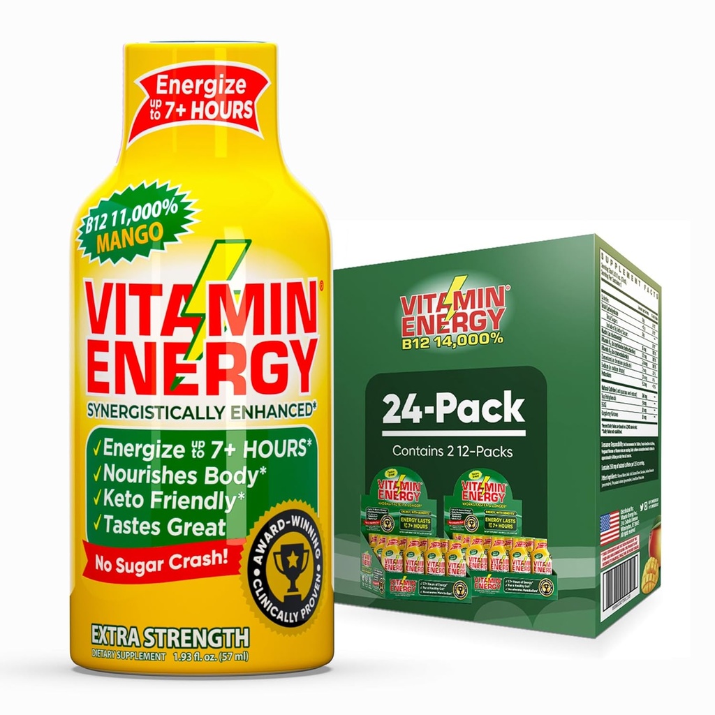 Vitamina Energie B12 11,000% Extra Putere Energie Shot Mango 24 Pack, 260mg Natural Cafeina, B12 & B6, Nootrop Focus, Vitality, Zero Zahăr, Gluten-Free, Vegan, Kosher, 1.93 fl oz