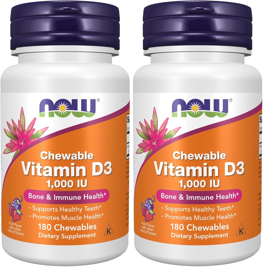 Acum Suplimente, Vitamina D-3 1000 UI, Aroma de fructe naturale, Suport structural*, 180 Masticabile (Pachet de 2)