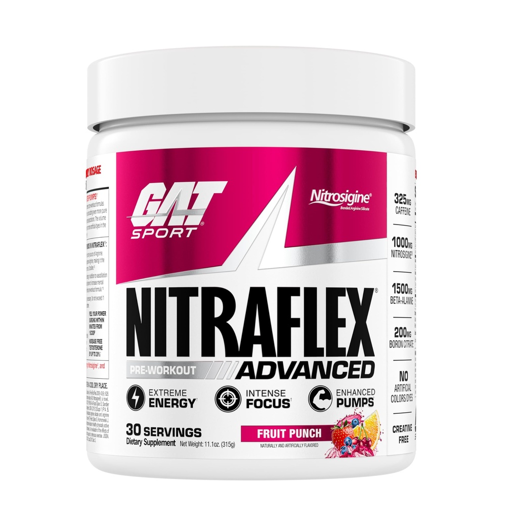 GAT SPORT Nitraflex Advanced Pre-Working Powder, Creste fluxul de sange, creste puterea si energia, imbunatateste performanta exercitiului, Bărbaţi şi femei (Frut Punch, 30 Servings)