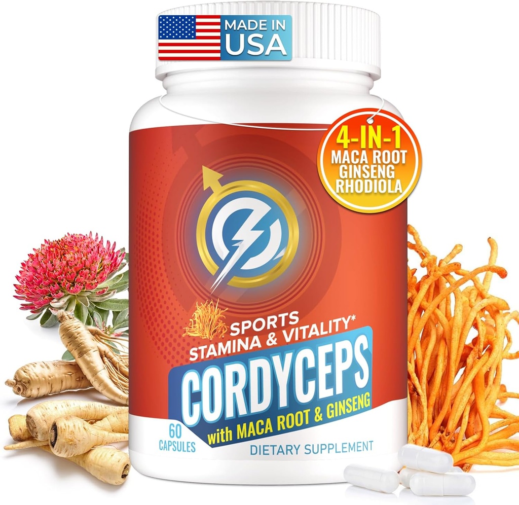 Cordyceps Capsule de ciuperci - Immune & Energy Supplement with Cordyceps Militaris, Maca Root, Ginseng, Rhodiola, Mushroom Supplement for Endurance, Stamina, Athletic Performance, 60 Capsule