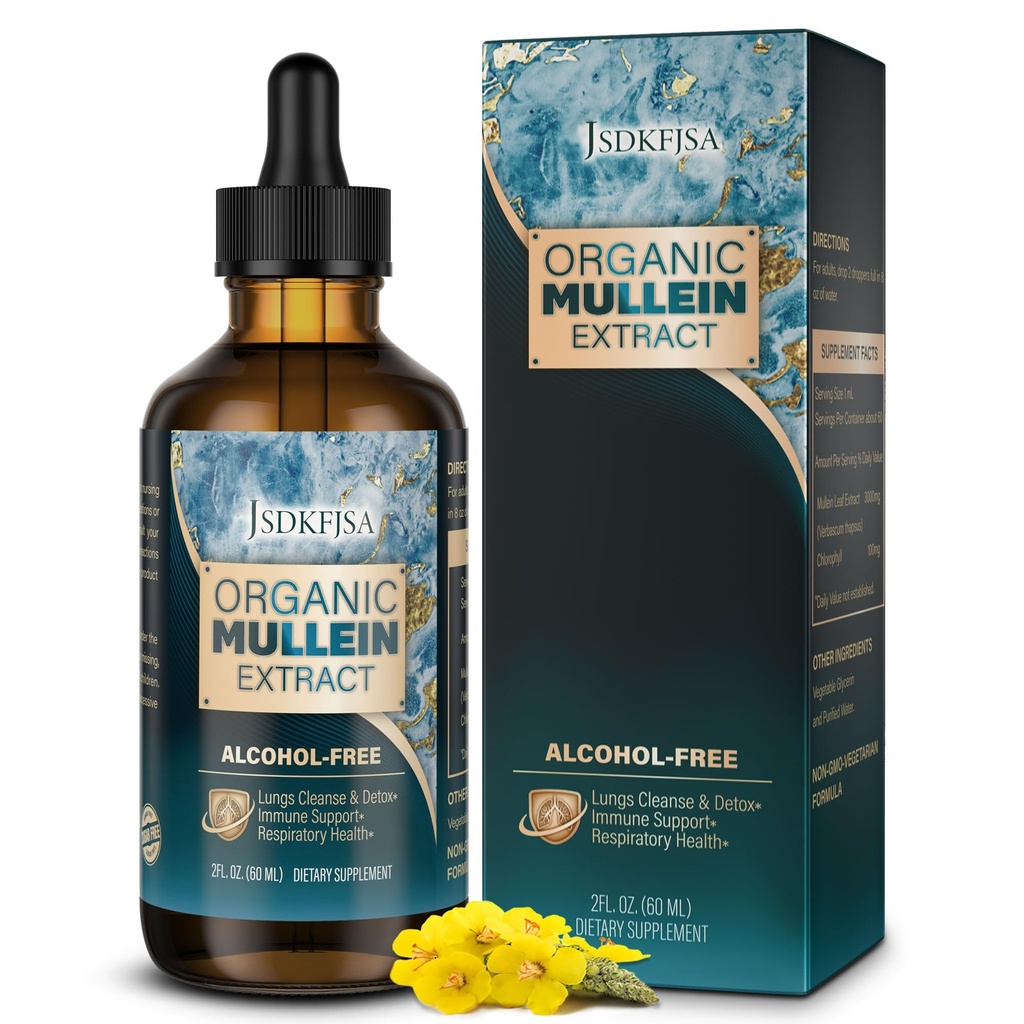 Mullein picături pentru plămâni, Support Lung Cleanse/Detox & Funcţia respiratorie pentru respiraţie sănătoasă - Extract de frunze Mullein pentru plămâni-2 fl.oz