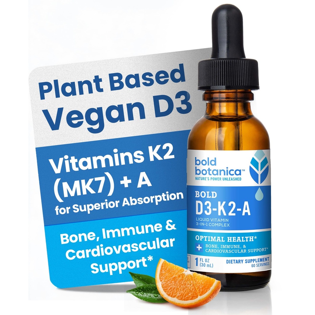 Botanica Bold D3-K2-A, Complex de vitamine lichide, D3 Vegan de la Algae Organic cu vitamina K2 (MK7) și A de suport imun, Aroma de portocale naturale, gusturi delicioase, 1 FL OZ. (30ml)