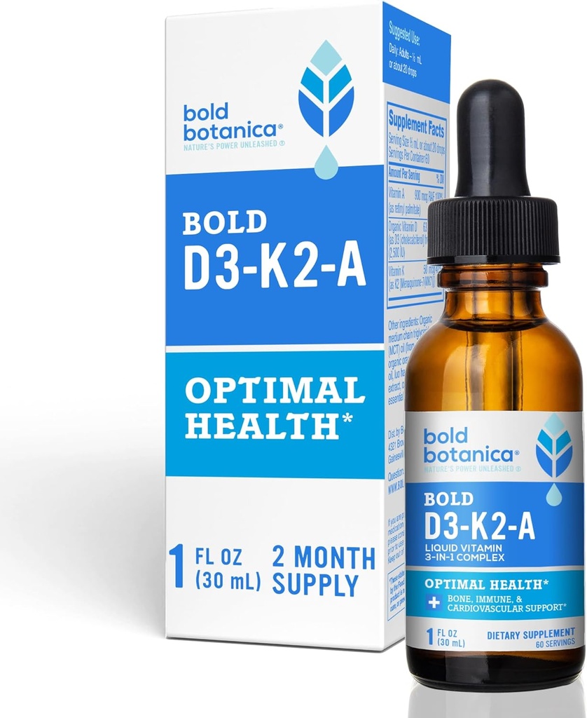 Botanica Bold D3-K2-A, Complex de vitamine lichide, D3 Vegan de la Algae Organic cu vitamina K2 (MK7) și A de suport imun, Aroma de portocale naturale, gusturi delicioase, 1 FL OZ. (30ml)