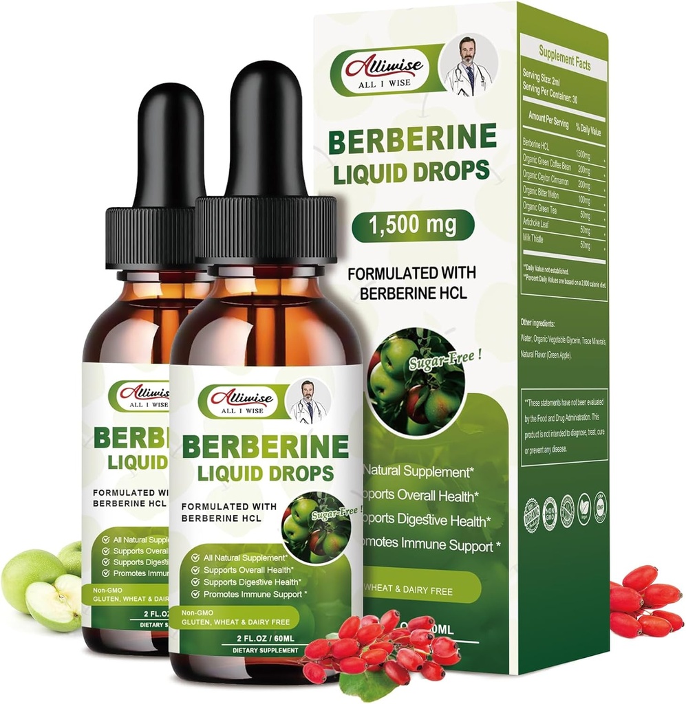 2 ambalaj Berberine suplimentare picături lichide pentru sistemul imunitar și suport sistem digestiv - Premium Berberine HCL 1500mg cu Scorțișoară Ceylon Pure -4 Fl Oz