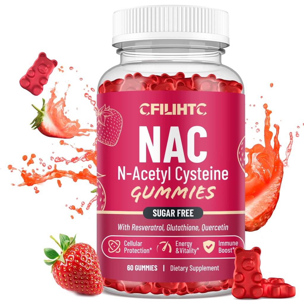 CFILIHTC NAC Gummies 600mg, N Acetyl Cysteine Supliment cu Glutatione, Resveratrol, Magneziu, CoQ10, NAC Chembable pentru Antioxidanti si Suport Imun, Aroma de capsuni 60 Gummies
