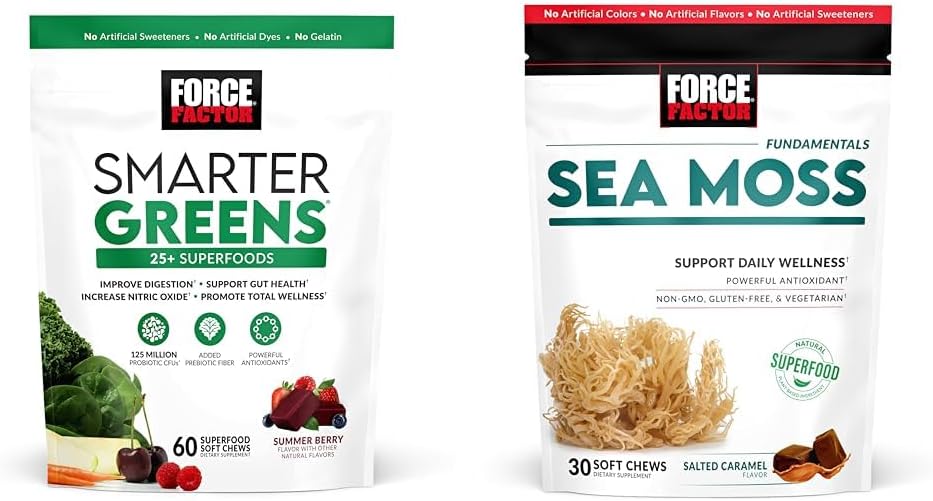 Force FACTOR Greens Chews cu 25+ Superfoods & Sea Moss Chews, 60 & 30 Count