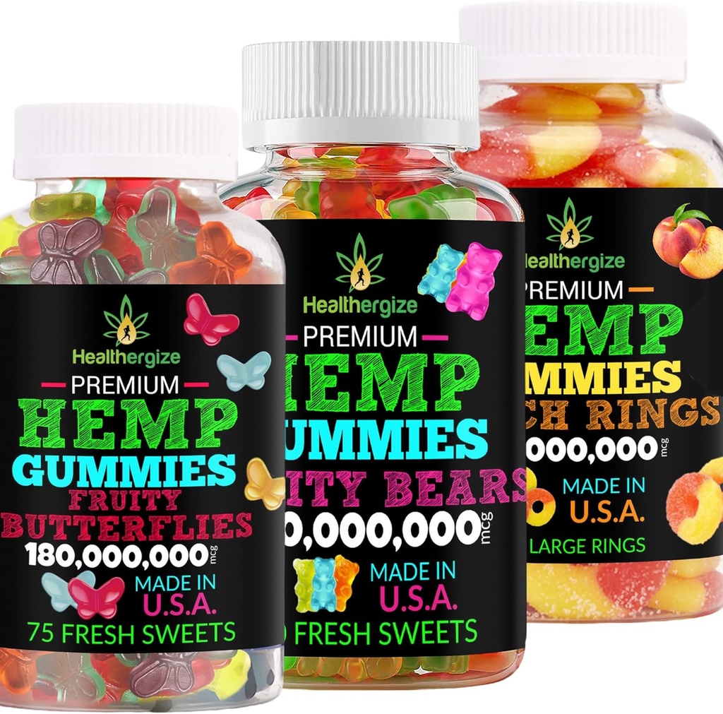3PACK Hemp Gummies Premium-Hempoil Gummy Bears, Fluturi de fructe și inele de piersici proaspete-pentru somn, calm, relaxați-vă, mușchi, Back, Discomfort, Inflamație-Partidul natural-Made în Statele Unite ale Americii