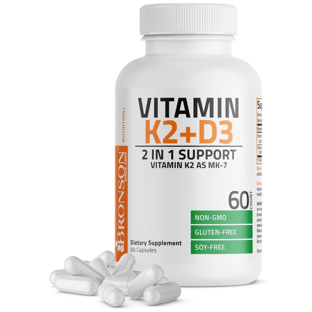 Vitamina Bronson K2 D3 (MK7) Suplimentul non-GMO Vitamina D3 5000UI (125 mcg) & 90 mcg K2 MK-7, Ușor de înghițit Complex D & K, 60 capsule