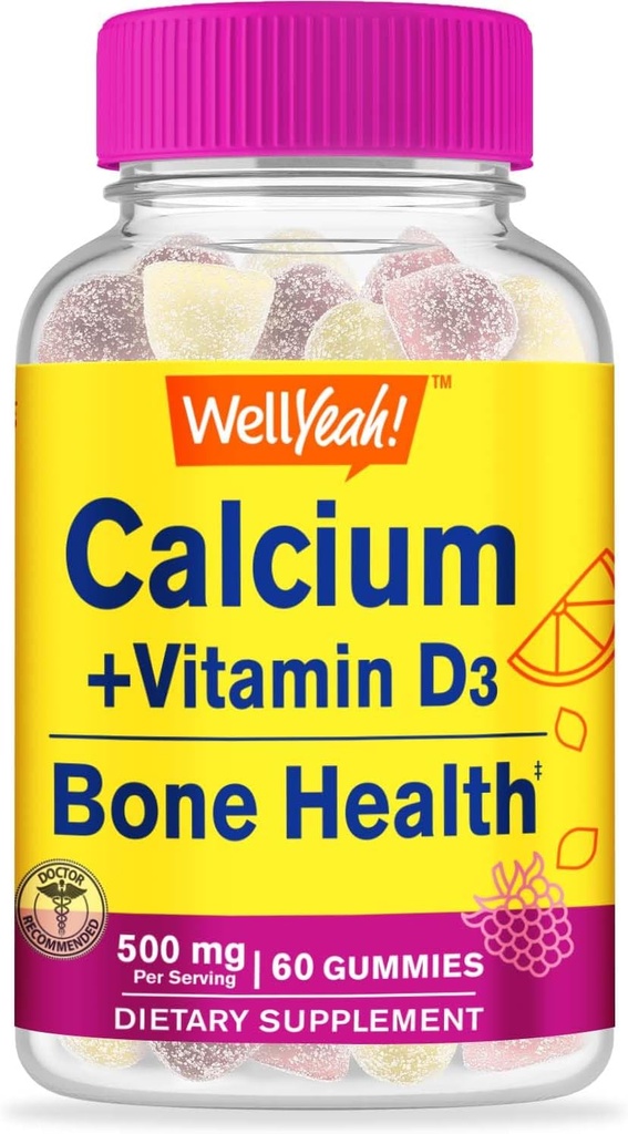 Ei bine, Calciu 500mg + Vitamina D3 1000 UI (25 mcg) Gume - sanatate osoasa si sprt muscular, Suport Immunum Gummy, Non OMG, Gluten gratuit, Mix arome de fructe - 60 Gume
