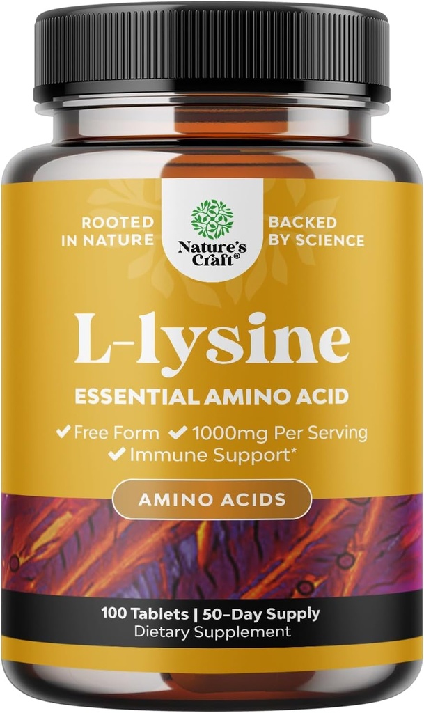 Naturas Craft L-Lysine Free Form Capsule - L-Lysine supliment de înaltă rezistență pentru ochi de îngrijire a buzelor Colagen Sinteza și suport imun - Aminoacid esențial - 1000 mg per Serving - 100 Conte