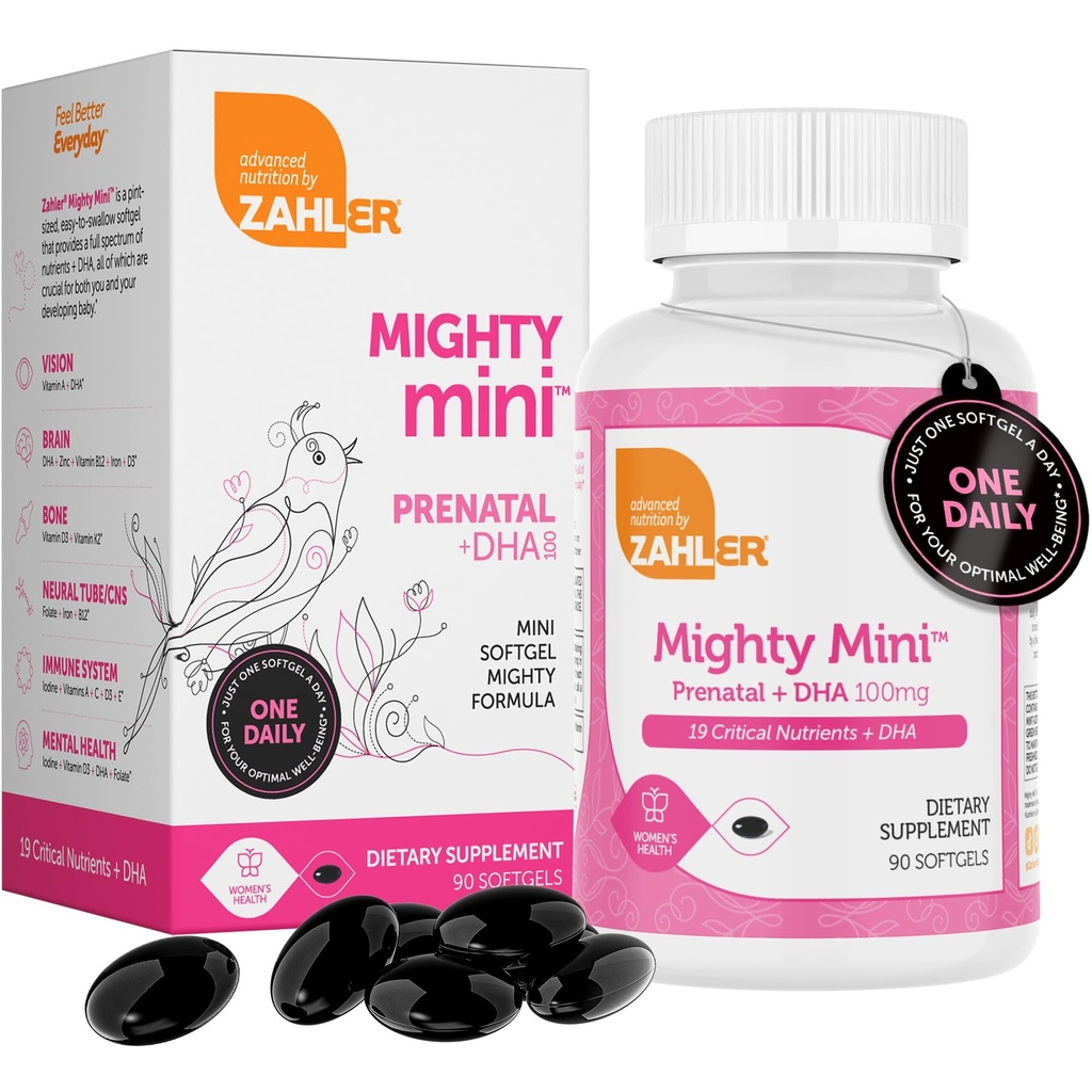 Zahler Mighty Mini Vitamina prenatala cu DHA & Folat - Kosher certificat - Toate vitaminele prenatale naturale - Multivitamine pentru gravide - 19 Vitamine prenatale inclusiv Acid folic (90 Softgels)