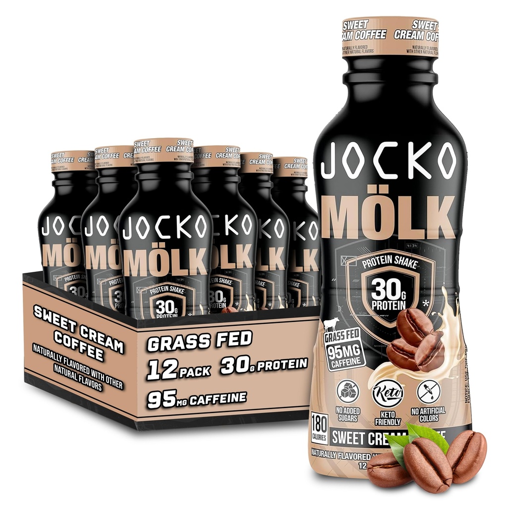 Jocko Fuel Mölk 30g Grass Fed Proteine Shakes - Nu Adăugat băuturi pe bază de proteine din zahăr KETO prietenos - gata să bea 12 FL Oz (Pachet de 12) Cafea dulce crema