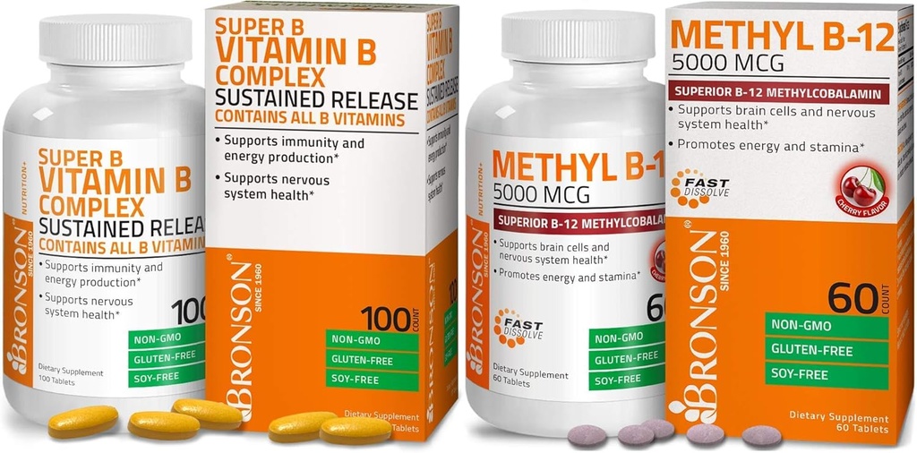 Bronson Metil B12 5000 mcg Vitamina B12 Metilcobalamină Lozenges + Super B Vitamina B Complex susținut de eliberare lentă