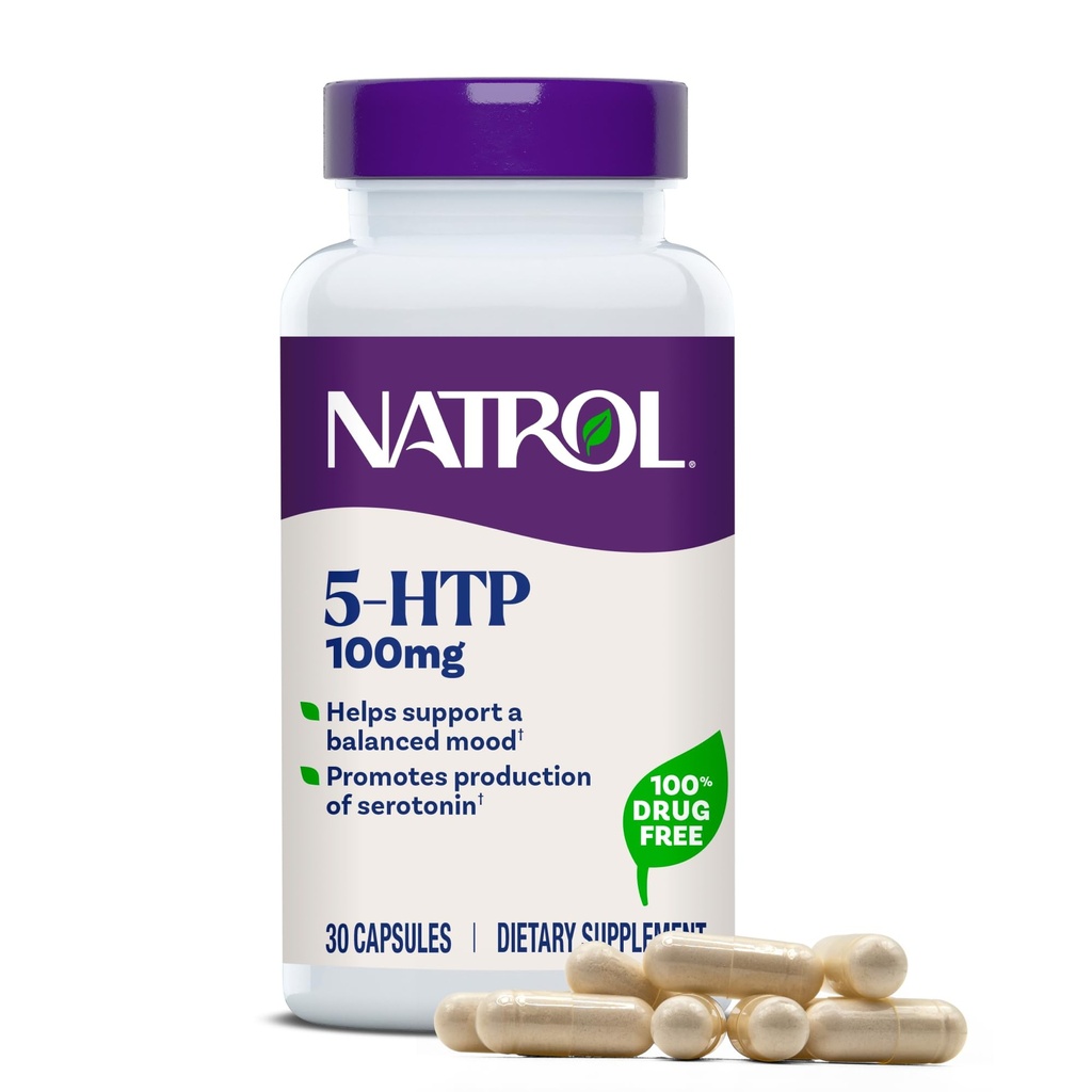 Natrol Mood + Stres 5-HTP 100 mg, Supliment alimentar pentru o stare de spirit echilibrat, Capsule pentru adulți, 30 capsule, până la 30 zile de aprovizionare