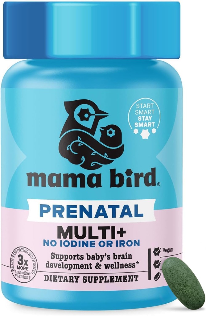 Cel mai bun Nest Wellness Mama Bird Prenatal Multi Plus Iod & Iron Free - Vitamina prenatala pentru creier si sanatate digestiva - Multivitamine Vegane cu metilfolat, Probiotice & More - 30 Caplete