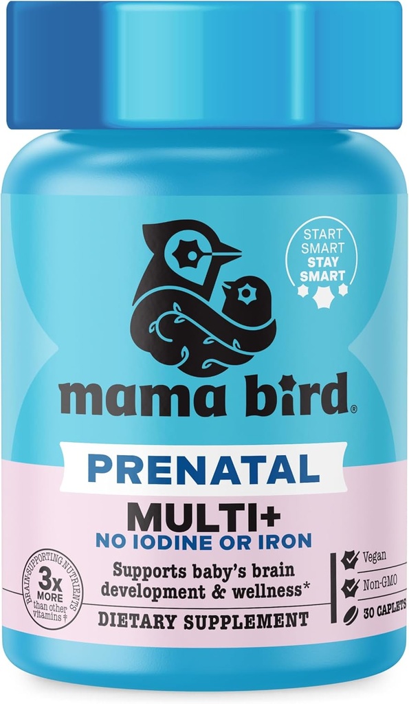 Cel mai bun Nest Wellness Mama Bird Prenatal Multi Plus Iod & Iron Free - Vitamina prenatala pentru creier si sanatate digestiva - Multivitamine Vegane cu metilfolat, Probiotice & More - 30 Caplete