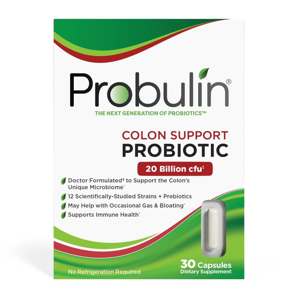 Probulin Colon Support Daily Probiotic + Prebiotic + Suport Sanatate Gut, Gaz Ocazional si Blooting - 20 Miliarde CFU - 12 Straiuri, 30 Capsule Vegane