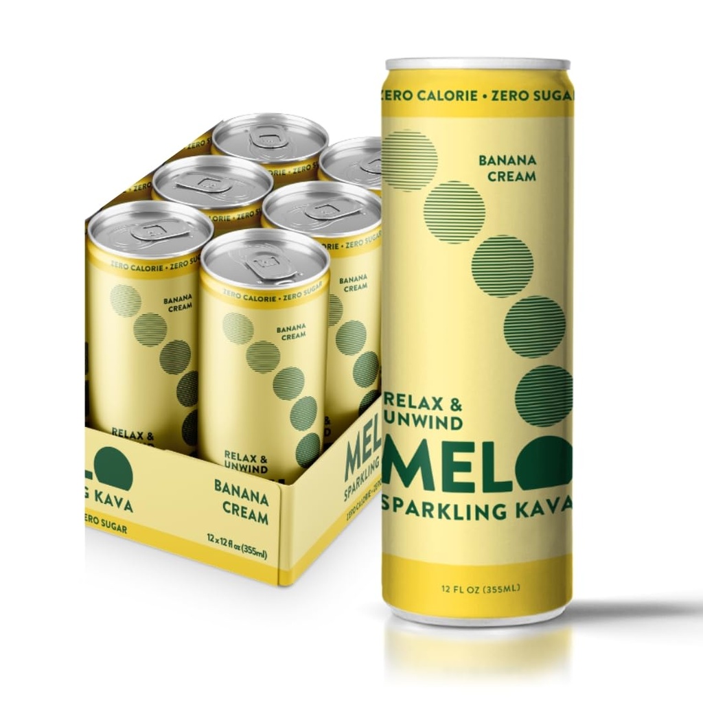 Melo Sparkling Kava Drink, Banana Cream, Sugar Free Alcoolic Drinks cu Zero Calories, Gluten Free, Vegan, 100% Natural Mocktail cu 100mg Kava Root pe băutură, 6 Pack, 12 oz Cans