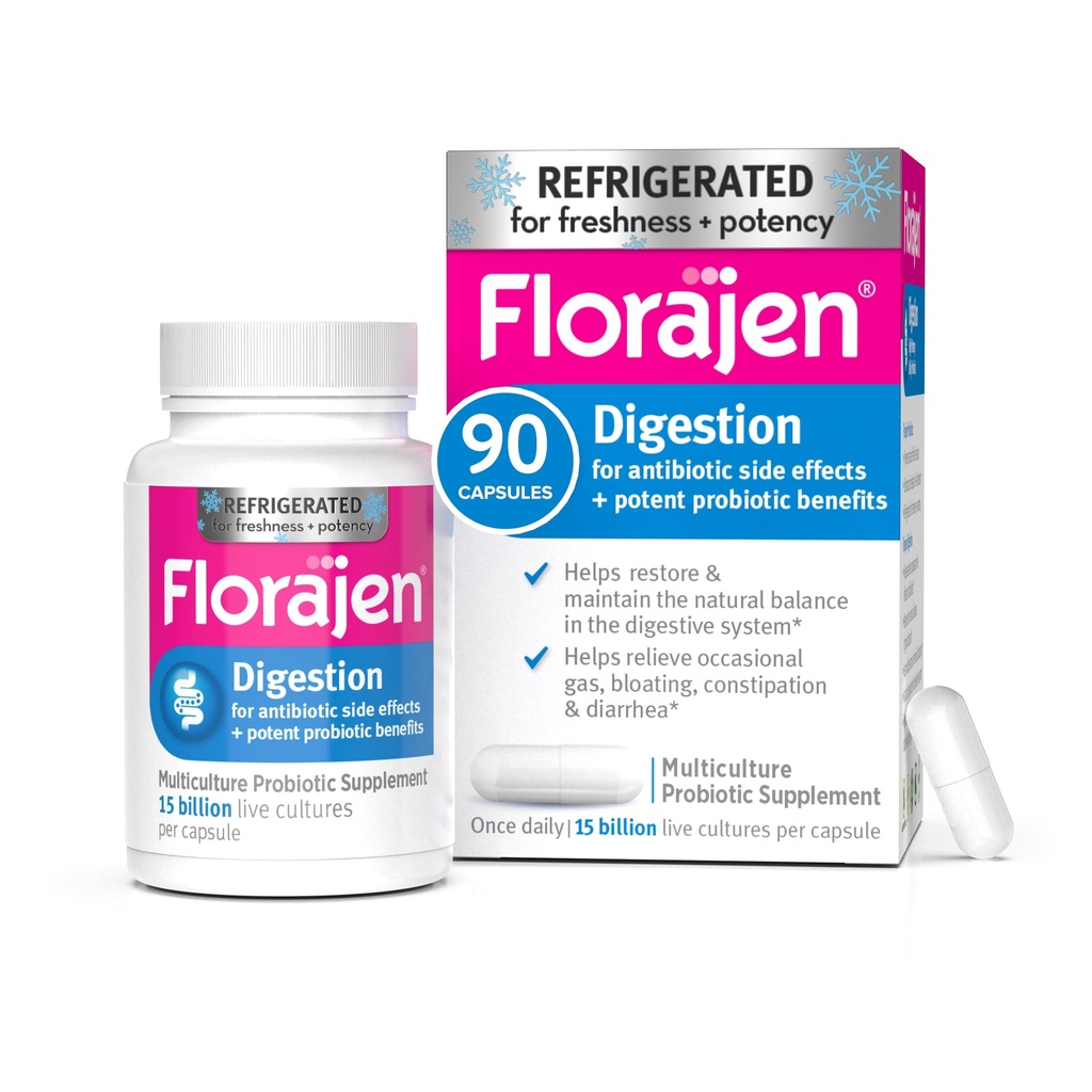 Florajen Digestion Probiotic - Advanced Gut Health Supplement for Constipation & Bloating Relief - 15 Miliarde de culturi vii - Formula Multi-Tren - Frigider pentru Potency & Freshness - 90 Capsule