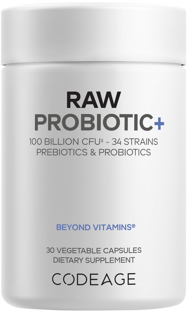 Codaj Probiotic brut+ Supliment - 34 Tulpini probiotice, 100 miliarde CFU, Probiotice alimentare integrale brute, Enzime digestive, Prebiotice cu fructe crude și legume - Cultura Kefir sălbatic - non-GMO - 30 capsule