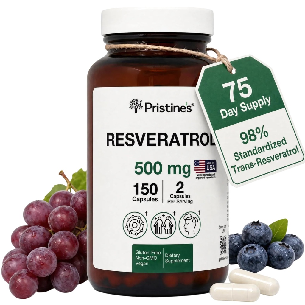 Resveratrol PRISTINE 500MG 75 zile de aprovizionare anti-aging antioxidant & inima suplimente de sănătate capsule - Brain & Lung Sănătate Beneficii