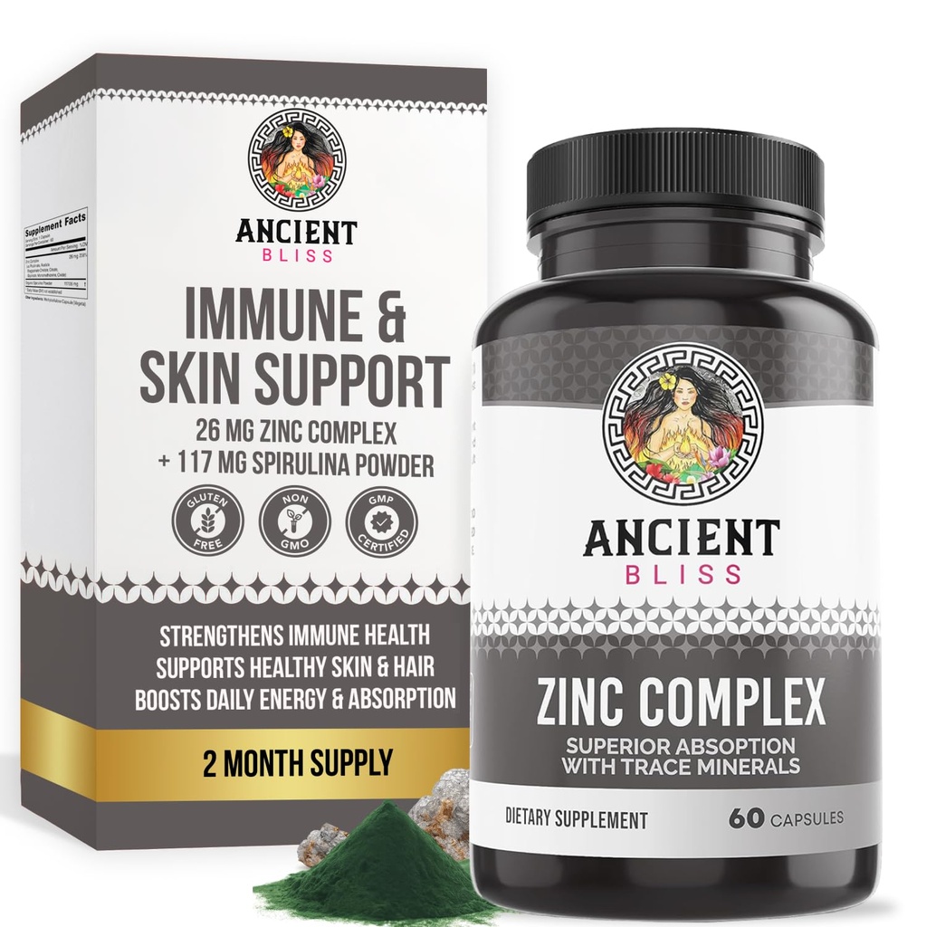 Capsule Complexe de zinc cu absorbţie îmbunătăţită, supliment antioxidant şi suport imun, supliment de zinc pentru bărbaţi şi femei de Bliss antic (60 capsule)