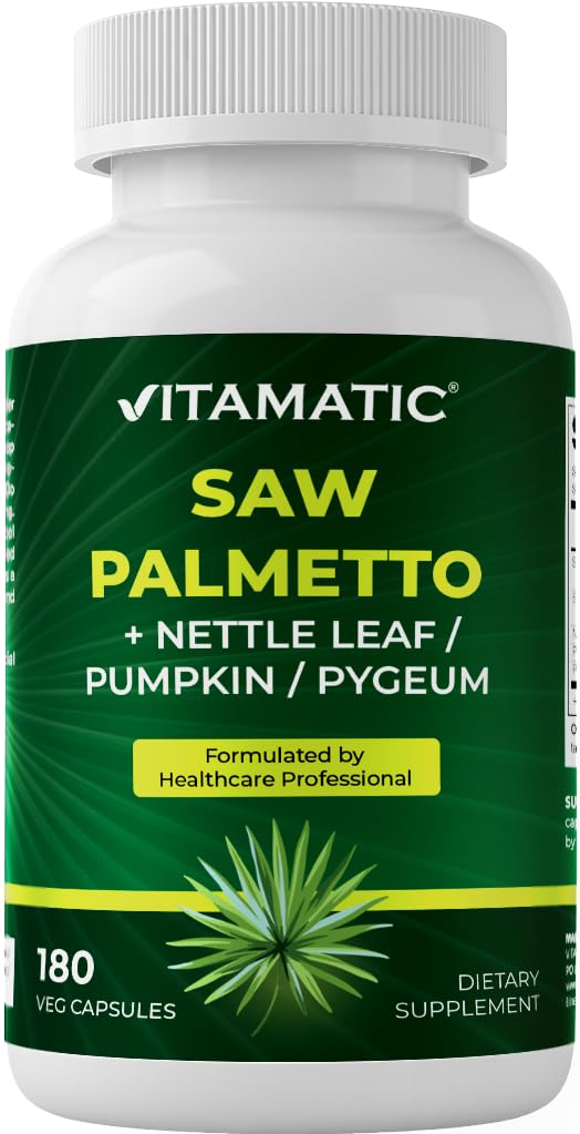 Vitamatic Saw Palmetto Extract pentru bărbați și femei 180 Veg capsule - Made with Pumpkin Seed, Pygeum, Nettle Leaf - Made in the USA - Promovează funcția de prostată sănătoasă