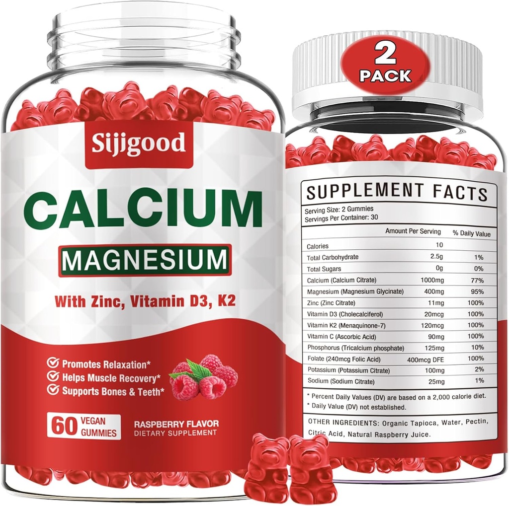 2 pachet de calciu magneziu zinc gume cu vitamina C D3 K2, gume de calciu pentru oase, musculare, calm și Zzz suport, Formula de înaltă absorbție cu magneziu Zinc de potasiu, zmeură aroma 120 Cts