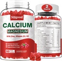 2 pachet de calciu magneziu zinc gume cu vitamina C D3 K2, gume de calciu pentru oase, musculare, calm și Zzz suport, Formula de înaltă absorbție cu magneziu Zinc de potasiu, zmeură aroma 120 Cts