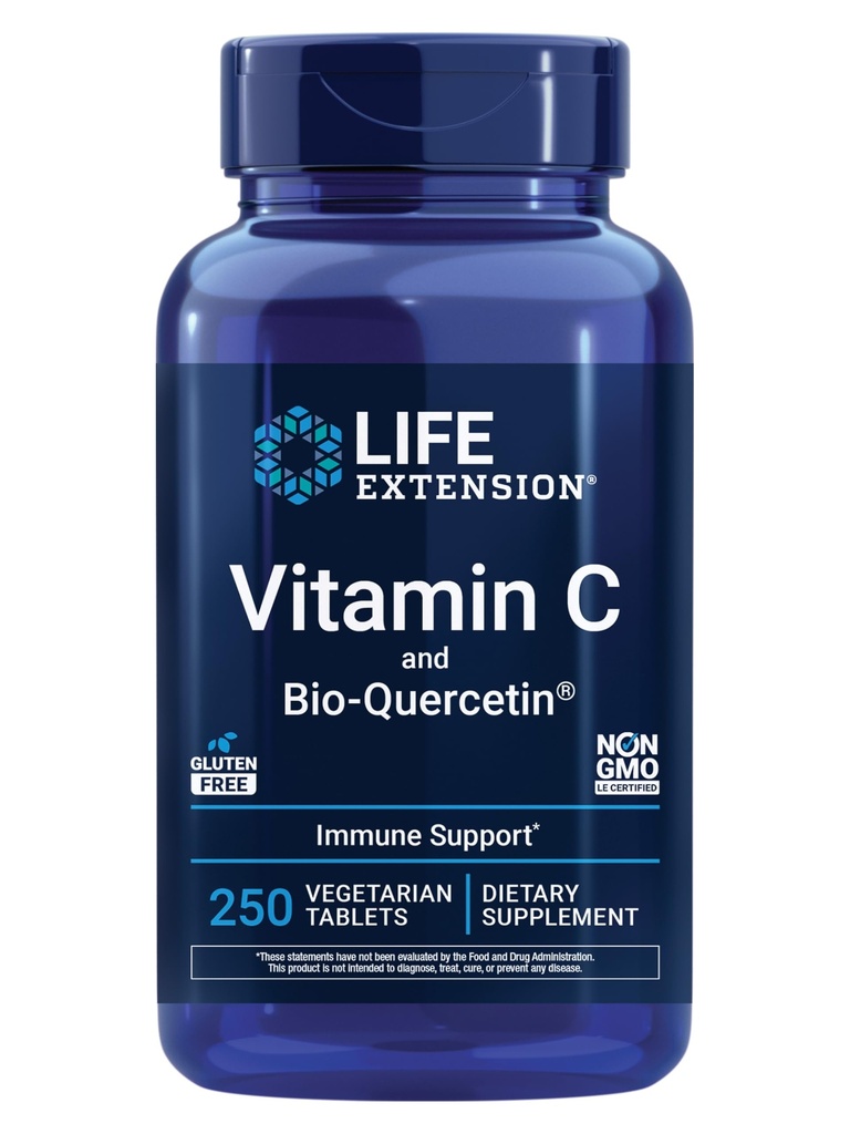 Extensie de viață Vitamina C și Bio-Quercetin®, Suplimentul de sănătate cardiovasculară, Suport imunitar, Foarte absorbabil, quercetină, Vitamina C, Gluten gratuit, Non-GMO, Vegetarian, 250 comprimate