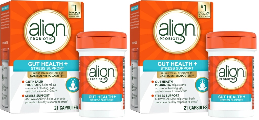 Alinierea Probiotic, Digestive De-stress, Probiotic pentru femei și bărbați cu Ashwagandha, ajută cu un răspuns sănătos la stres, gluten gratuit, soia gratuit, vegetarian, 21 capsule (Pachet de 2)