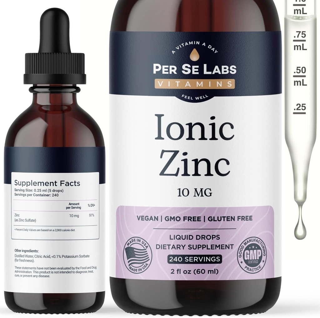 Per Se Labs Ionic Zinc lichid - 10 mg mare absorbtie 240 Serviri picaturi de zinc lichid pentru adulti - Suport imun Suplimente de zinc de îngrijire a pielii - Vegan zinc sulfat supliment alimentar antioxidant - 2 Oz