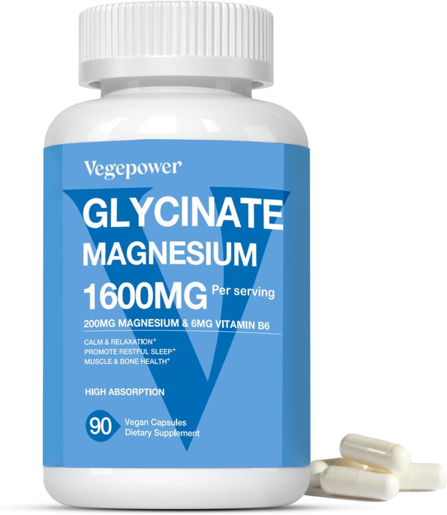 Magneziu Glicinate 1600mg Suplimente - cu vitamina B6 & zinc, vitamina D3, Magneziu Chelated pentru somn, Musculare, Oase şi Immune Health, Magnesio de înaltă absorbţie, non-GMO, Vegan 90 capsule