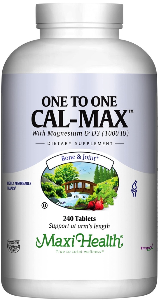 Maxi Health 500 mg Supliment de calciu cu vitamina D3 (1000 UI) şi magneziu (500 mg) - Suport osos, dinţi şi articular pentru bărbaţi şi femei - 240 comprimate