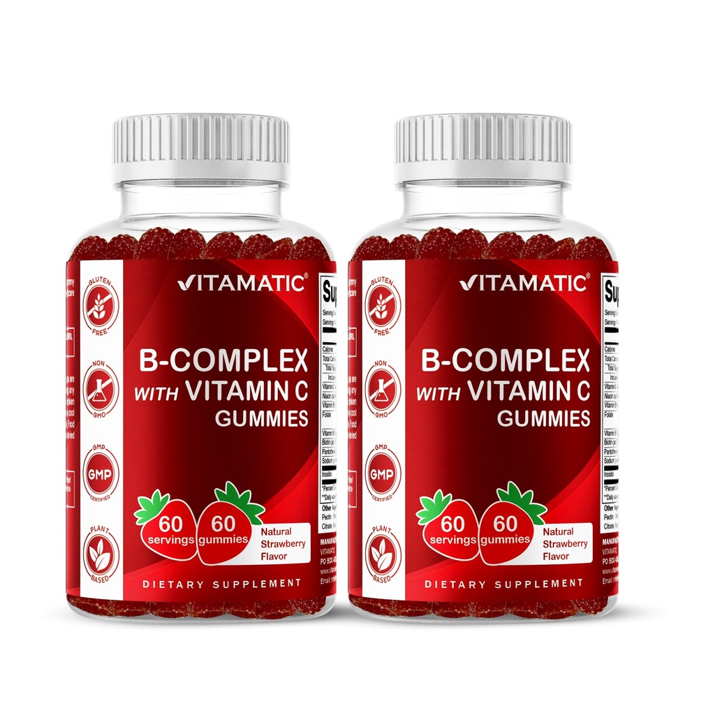 Vitamatic Vitamina B Complex Gummies cu vitamina C & Inositol - aroma naturala de capsuni - 60 Gummies (2 sticle)