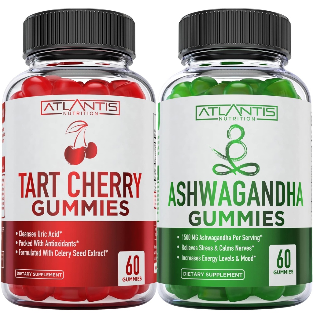 60 Ashwagandha Gummies + 60 Tart Cherry Gummies -Ashwagandha stimulează nivelurile de energie și consolidează sistemul imunitar - Tart Cherry are acid uric avansat Curățare pentru durere de gută imediată Reli