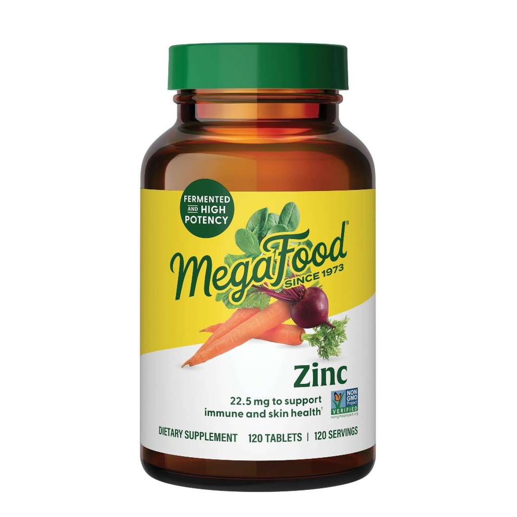 Megafood Zinc Suplimente - Vegan Immune Supplement Supplement with 22,5 mg High Potence Fermented Zinc - Made with Real Food - Gluten-Free, Kosher - 120 Tablete, 120 Serviri