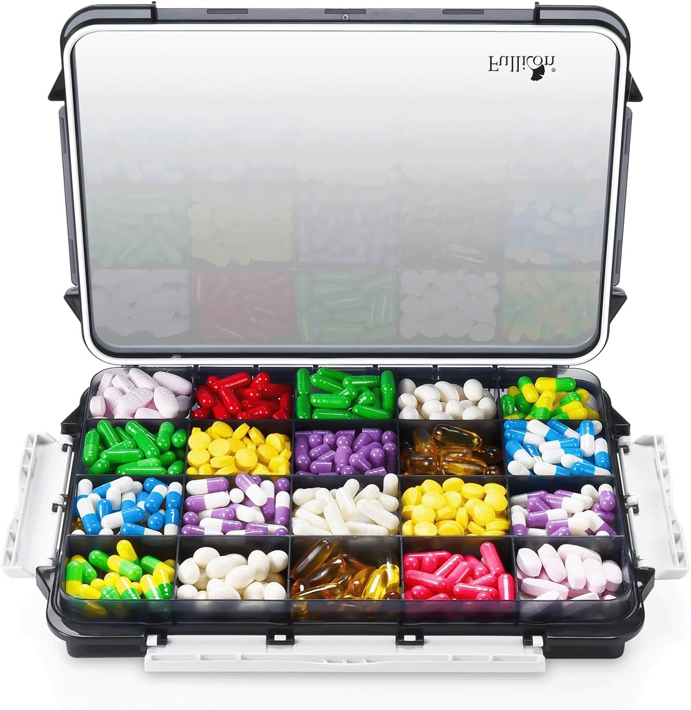 Fullicon Extra Large Pill Organizator cu Design Proof Umiditate, Travel Jumbo Pilula cutie cu 20 Compartiment, Supliment Organizator pentru Vitamine cu 3 Buckles securizate (Negru)