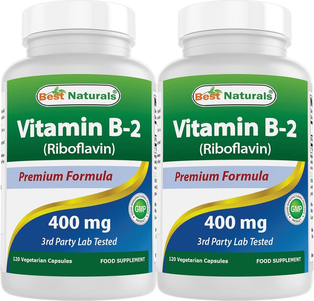 Cel mai bun Naturals Vitamina B2 (Riboflavină) 400mg - Migrene Relief - Capsule vegetale - Conezyme Precursor - 120 Conte (120 Conte (Pachet de 2))