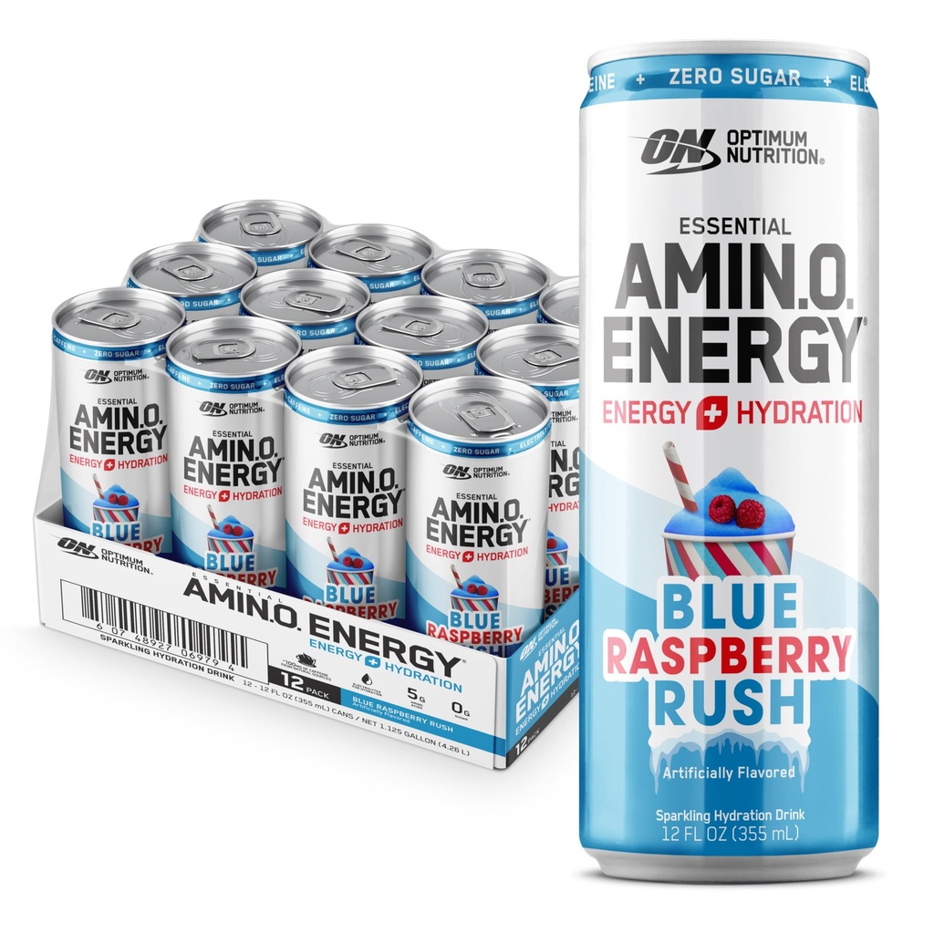 Optimum Nutrition Amino Energy Sparkling Hydration Drink, Electroliti, Cafeina, Amino Acids, BCAAs, Sugar Free, NEW Blue Raspberry Rush, 12 Fl Oz, 12 Pack (Packaging May Vary)