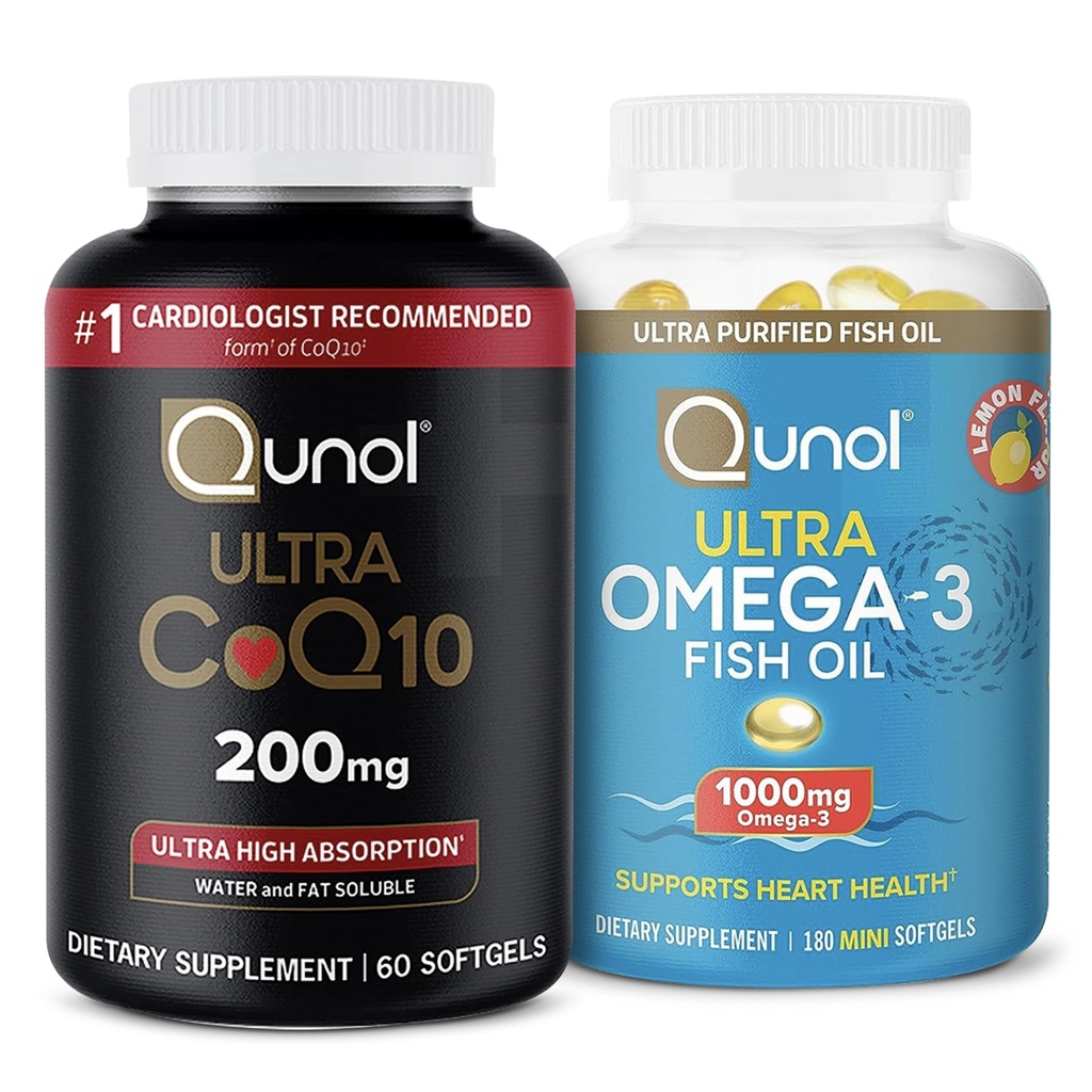 Qunol Ultra CoQ10 200mg Softgels - Ultra High Absorbtion Coenzime Q10 Supliment - 2 Luna de aprovizionare - 60 Conte + Ulei de pește Omega 3 Mini Softgels, 1000mg Omega 3 EPA + DHA, 3 Luna de aprovizionare, 180 Conte