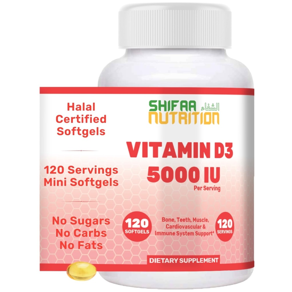 SHIFAA NUTRITION Vitamina Halal D, vitamina Halal D3, 5000 UI Softgels, 120 Servings. Non-GMO, Gluten-Free, Suporturi: Structura, Oase, Dinti, Inima, Muşchi şi Funcţii Imune
