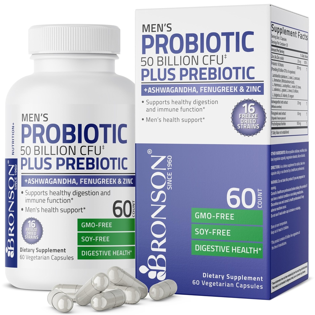 Bronson Men Probiotic 50 Miliarde CFU Plus Prebiotic cu Ashwagandha, Schinduf & Zinc, Suportă Digestie sanatoasa & Functie imunitara non-GMO, 60 Capsule vegetariene