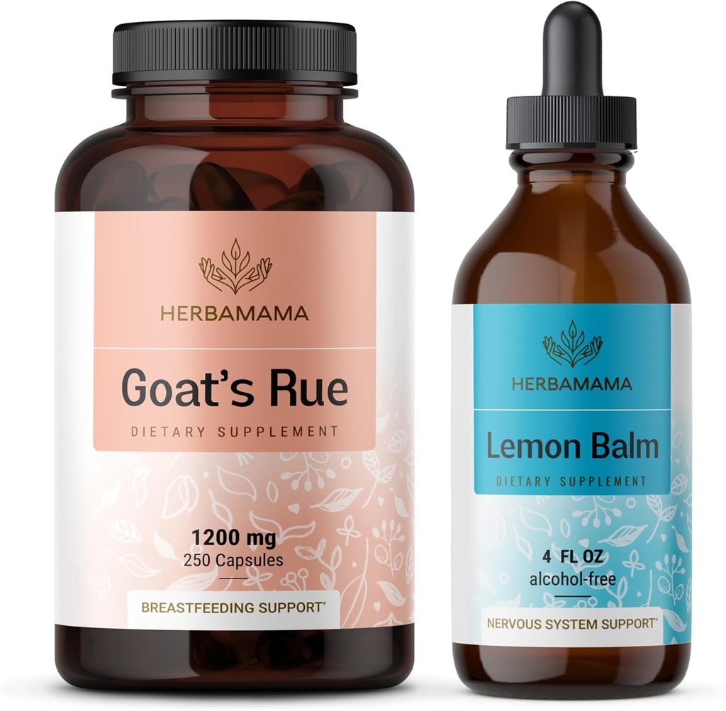 HERBAMAMA Goat's Rue și Lemon Balm Kit - Bundle of 1200 mg Goat's Rue Capsules & Lemon Balm Liquid Drops 4 fl oz - Vegan, Non-GMO, Sugar & Alcohol-Free - 2 Pack