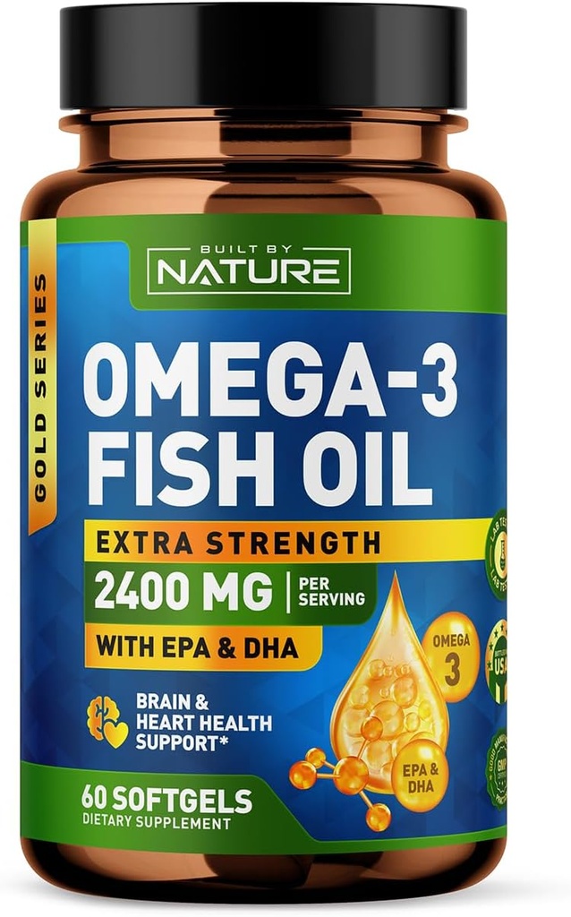 Construit de Natura Omega 3 Geluri de ulei de pește Soft - 2400 mg ulei de pește, 1440 mg Omega 3, 864 mg EPA, 576 mg DHA - Extra Putere Brain & inima Suplimentul de sprijin pentru sănătate - 60 Softgels