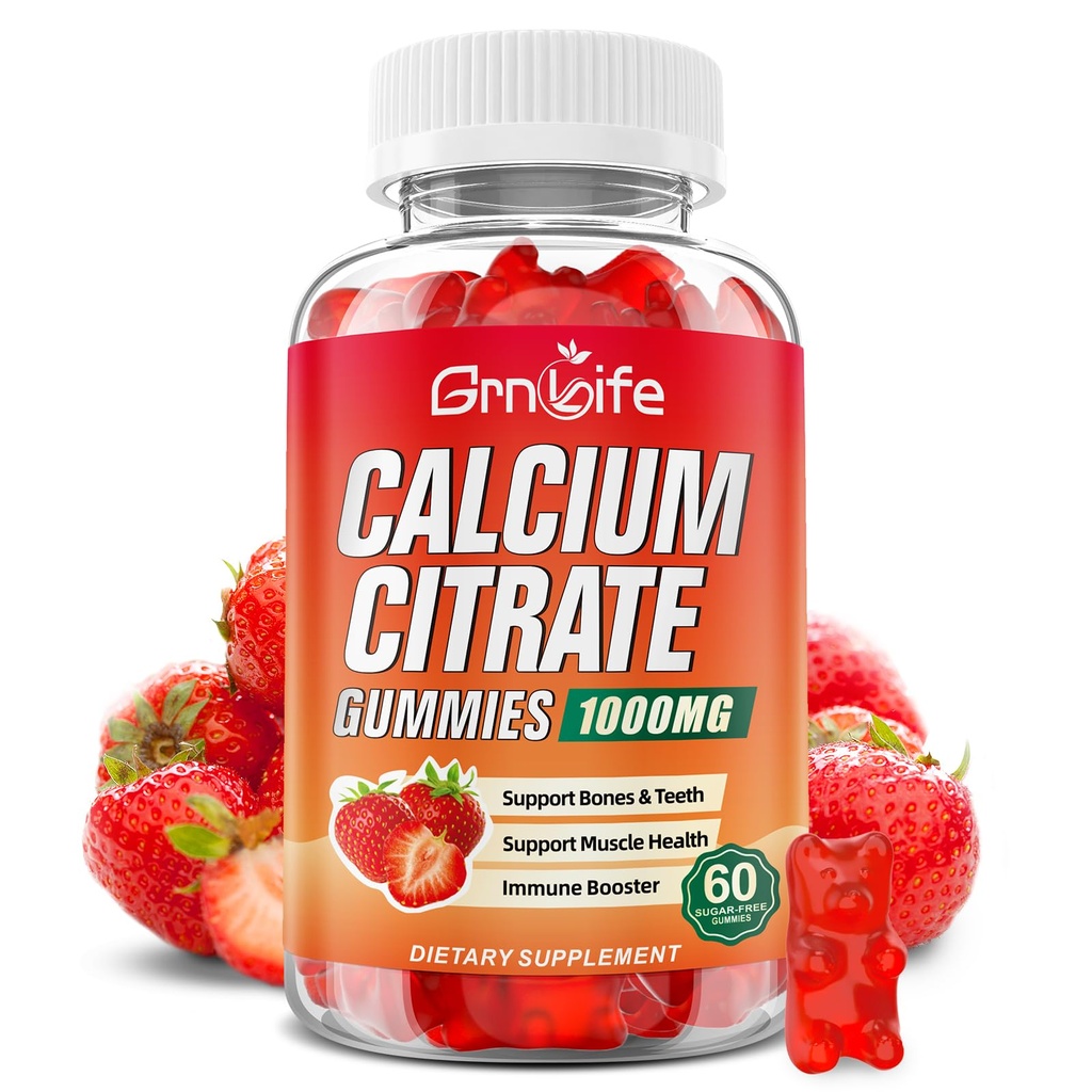 Citrat de calciu Gumies, Citrat de calciu gratuit de zahăr 1000 mg pentru musculare sănătoase, Absorbție Suplimente de calciu pentru adulți și copii, Căpșuni, 60 Conte
